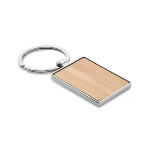 Llavero Metálico Rectangular con Inserto de Bambu