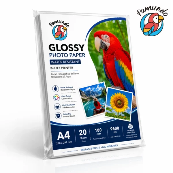 Papel Fotográfico Brillante PAMUNDO 180 GSM A4 – 20 Hojas