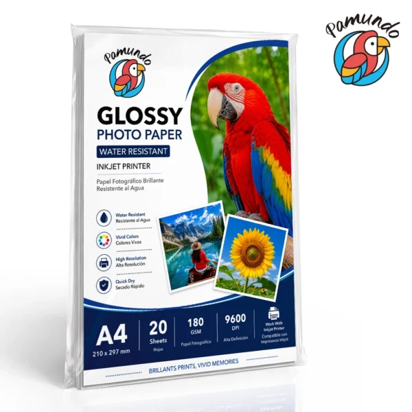 Papel Fotográfico Brillante PAMUNDO 180 GSM A4 – 20 Hojas